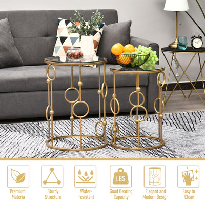HOMCOM Round Coffee Tables Set of 2, Gold Nesting Side End Tables with Tempered Glass Top, Steel Frame for Living Room, Gold 