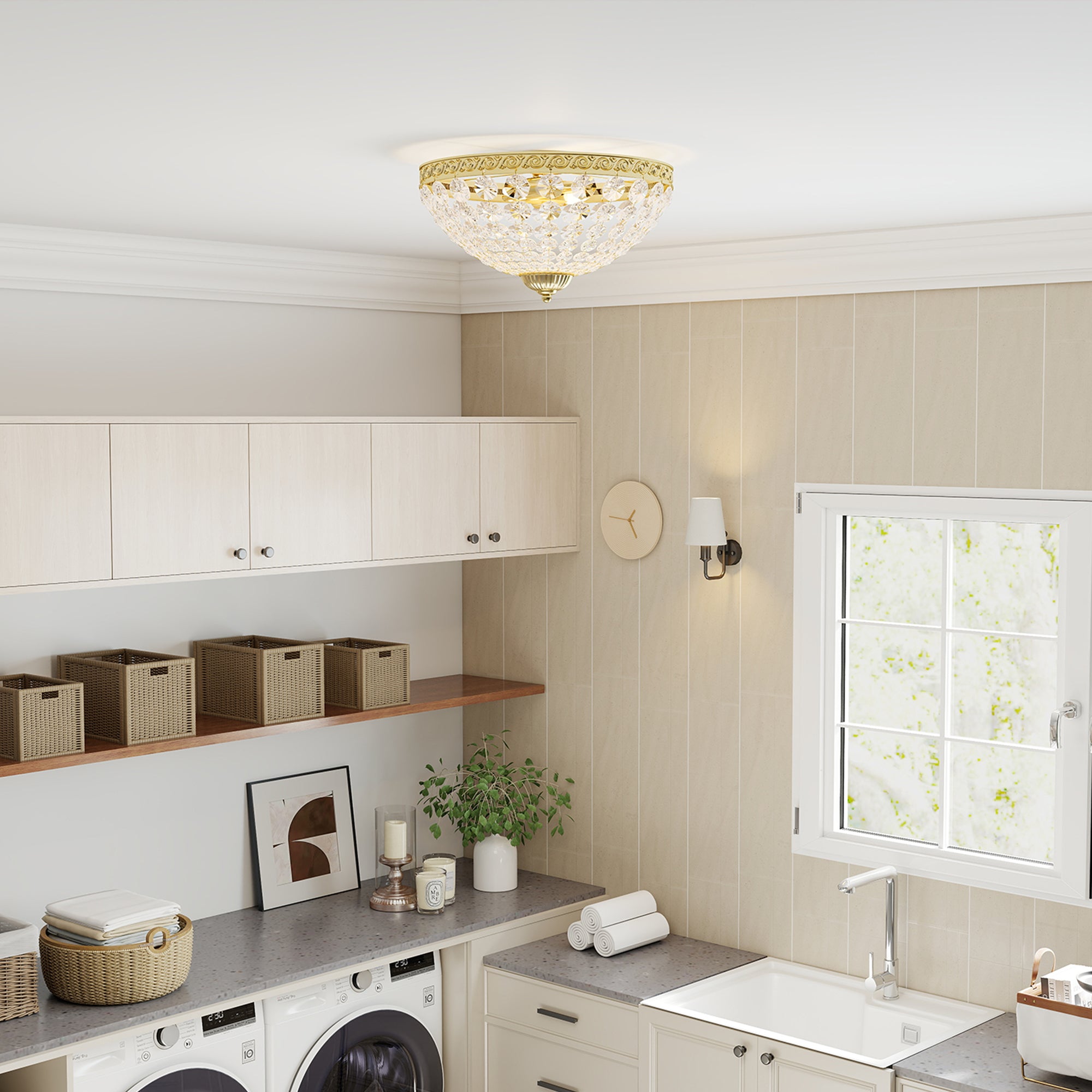 HOMCOM Crystal Chandelier Ceiling Light with 168 Octagonal Beads, Vintage 2-Light Flush Mount Ceiling Light for Living Room, Bedroom, Hallway, Dining Room, Gold Tone 