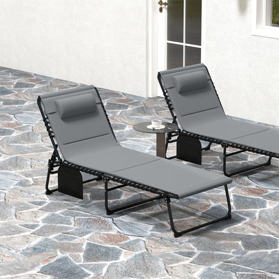 Outsunny Folding Sun Loungers Set of 2, Recliner Garden Chairs with Quick Drying Pad Headrest Side Pocket, Garden Sun Loungers for Beach Pool, Charcoal Grey 