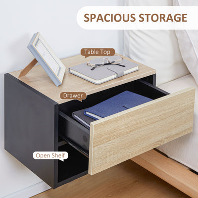 HOMCOM Floating Bedside Table Set of 2, Wall Mounted Bedside Cabinet with Drawer and Open Shelf, Modern Nightstand for Bedroom, 46 x 30 x 30 cm, Oak Tone 