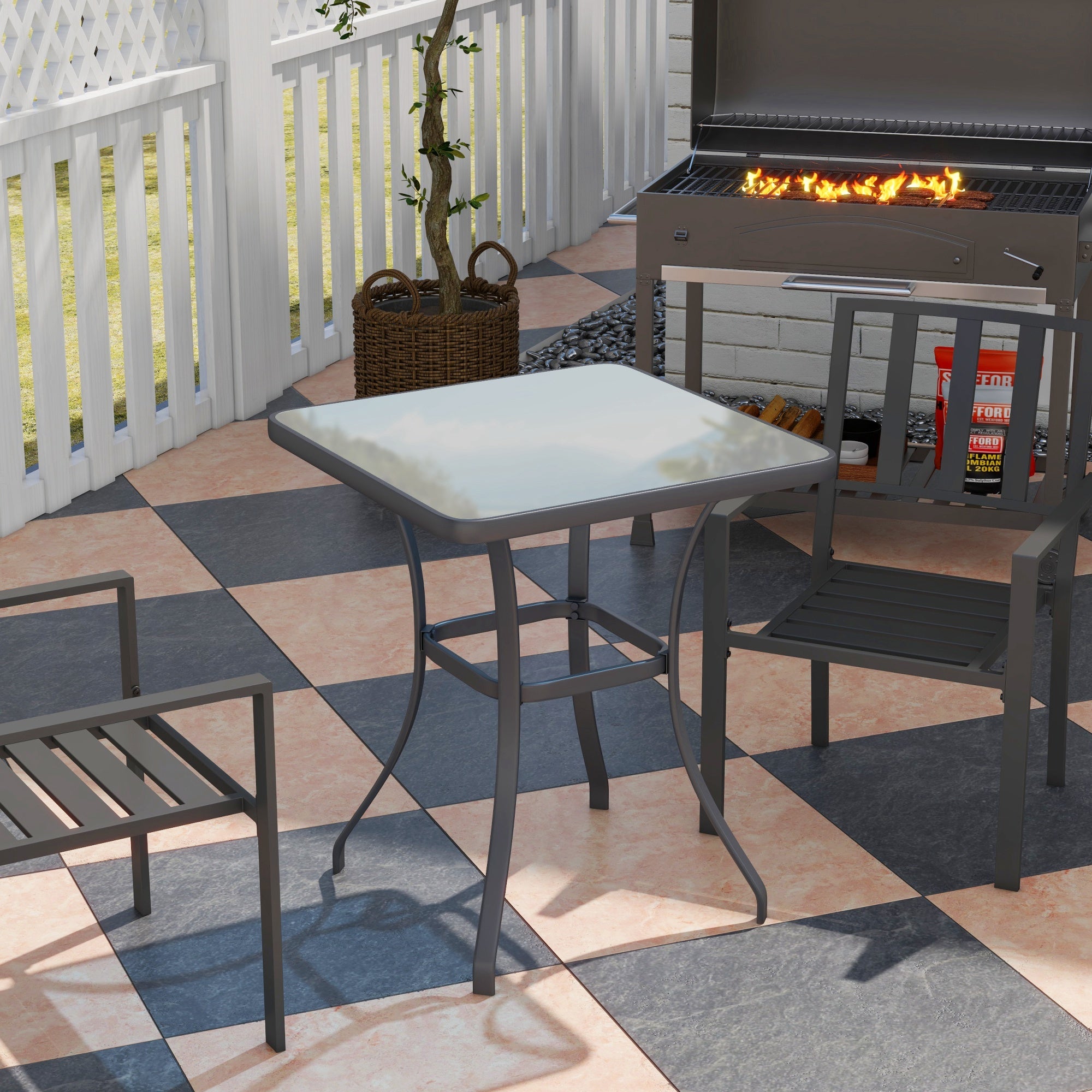 Outsunny Square Garden Table, Outdoor Coffee Table with Tempered Glass Top, Bar Bistro Dining Table, Metal Frame for Patio, Balcony, 68.5 x 68.5 x 84cm 