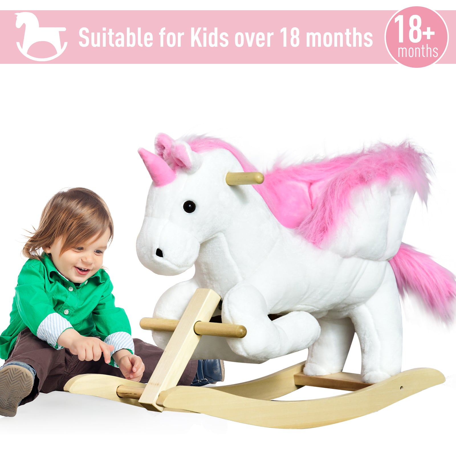 HOMCOM Kids Rocking Horse Unicorn Wooden Plush Ride On Chair Toy with Music 1.5-3 Years 