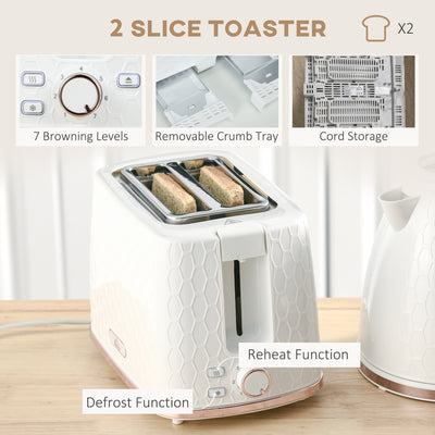HOMCOM 1.7L 3000W Fast Boil Kettle & 2 Slice Toaster Set, Kettle and Toaster Set with Auto Shut Off, Browning Controls, White 