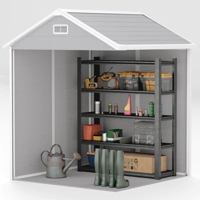 Outsunny 6 x 5ft Garden Shed, Plastic Shed with Floor, Window, Lockable Doors and Vents, Wood Effect Resin Tool Shed for Outdoor Patio, Light Grey 