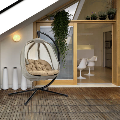 Outsunny Hanging Egg Chair, Folding Texteline Swing Hammock with Side Pocket, Cushion and Stand for Indoor Outdoor, Patio Garden Furniture, Khaki 