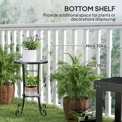 Outsunny Mosaic Garden Table, 35.5 cm Round Outdoor Table with Shelf, Ceramic Tile Top, Small Garden Side Table Bistro Table End Table Plant Stand for Indoor, Patio, Balcony, Blue 