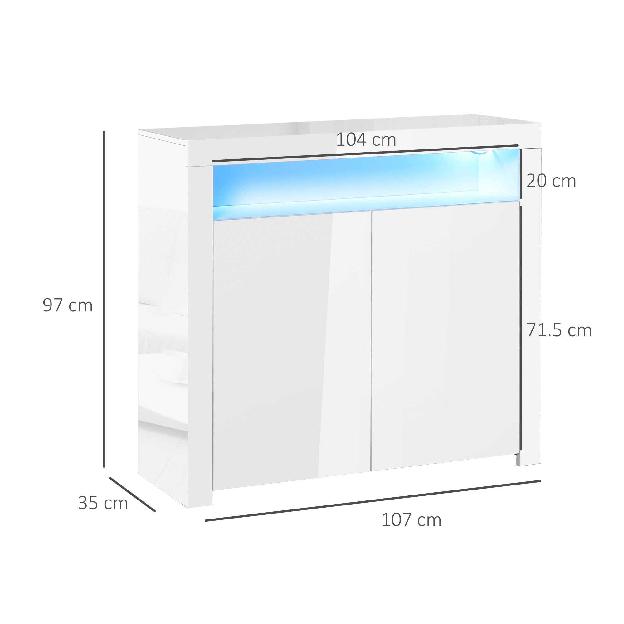 HOMCOM LED Storage Cabinet, Cupboard with High Gloss Front and RGB Lighting, Modern Sideboard for Entryway, Dining Area, Living Room, White 