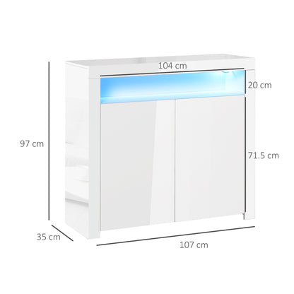 HOMCOM LED Storage Cabinet, Cupboard with High Gloss Front and RGB Lighting, Modern Sideboard for Entryway, Dining Area, Living Room, White 