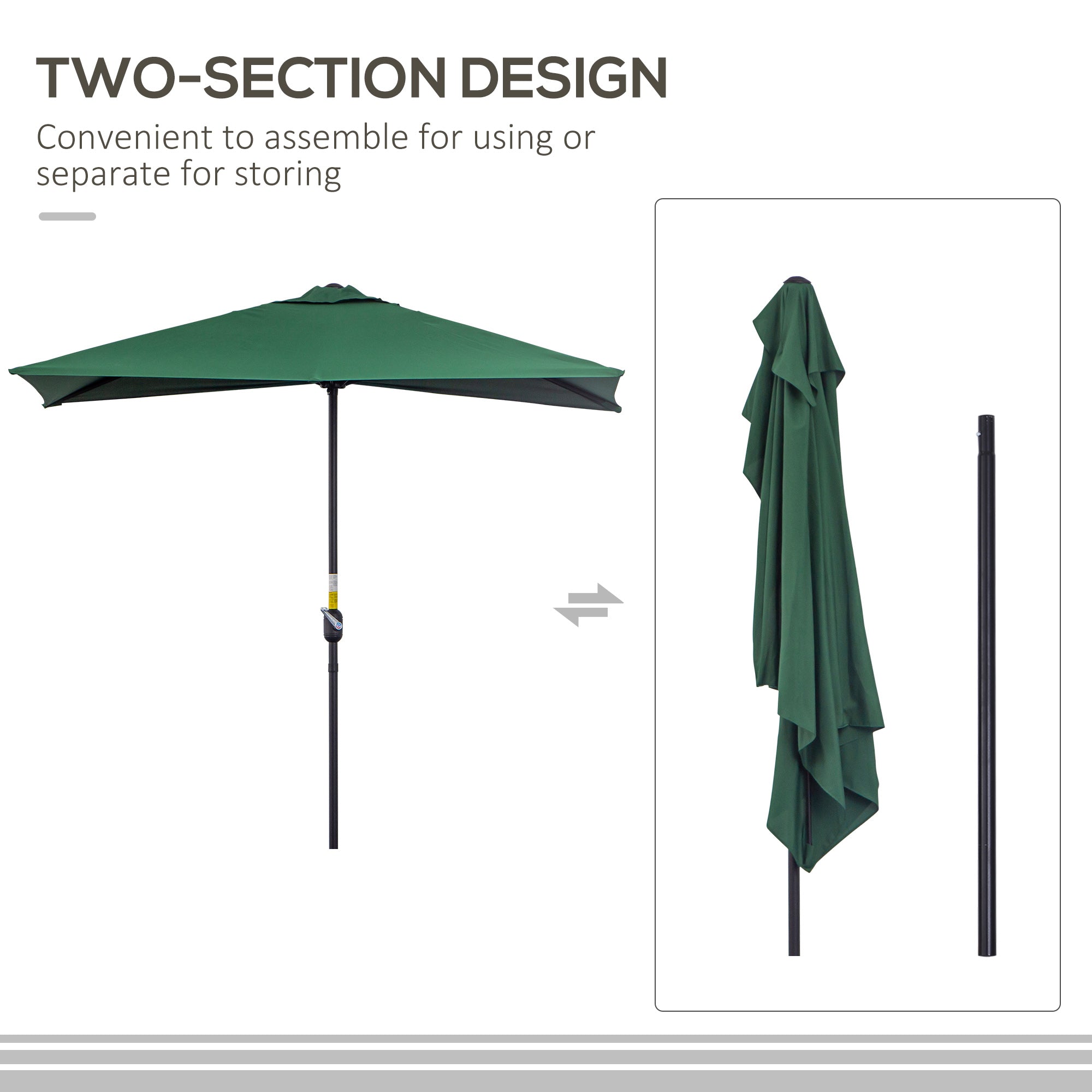 Outsunny Balcony Half Parasol Semi Round Umbrella Patio Crank Handle (2.3 m, Green)- NO BASE INCLUDED 