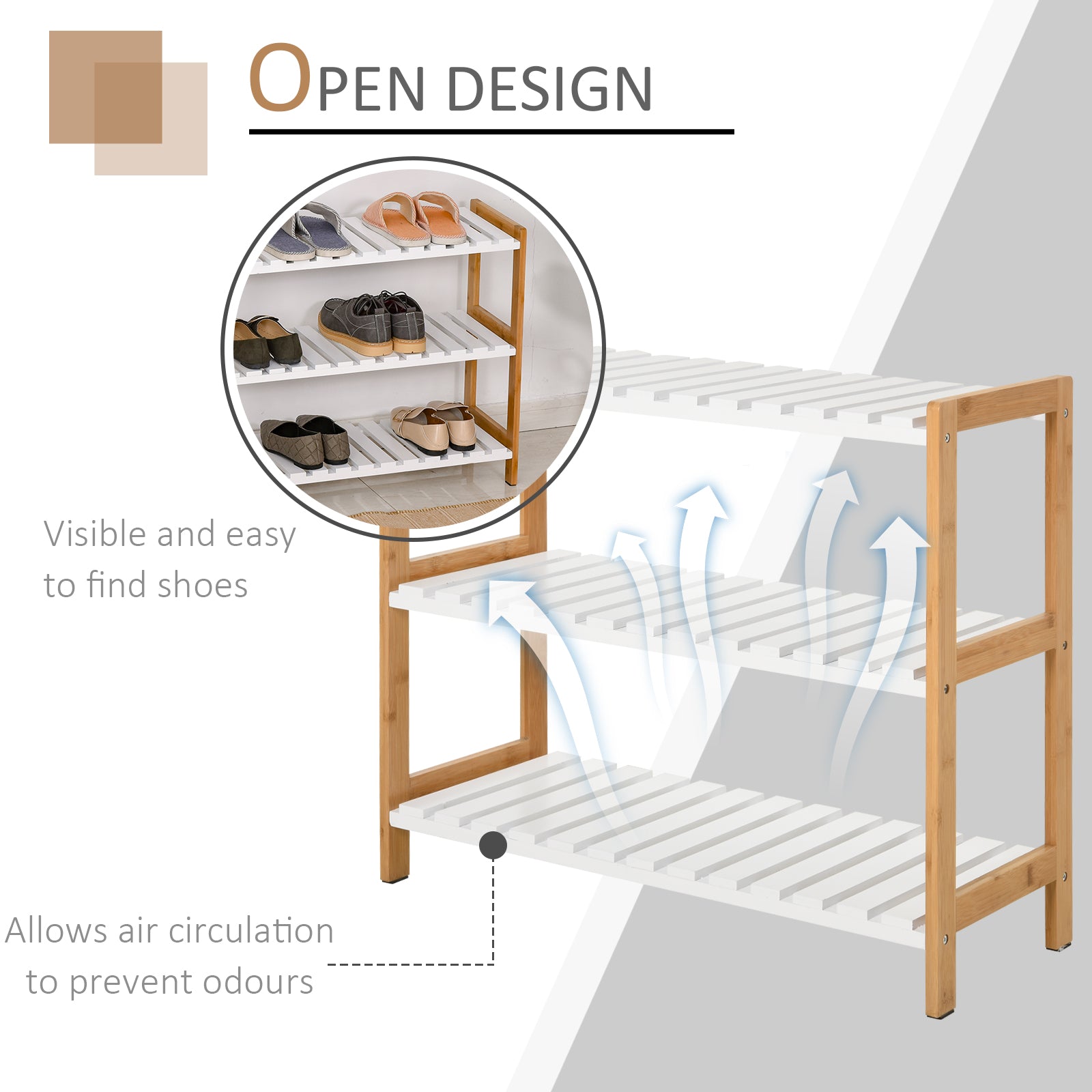 HOMCOM 3-Tier Shoe Rack Wood Frame Slatted Shelves Spacious Open Hygienic Storage Home Hallway Furniture Family Guests 70L x 26W x 57.5H cm - Natural 