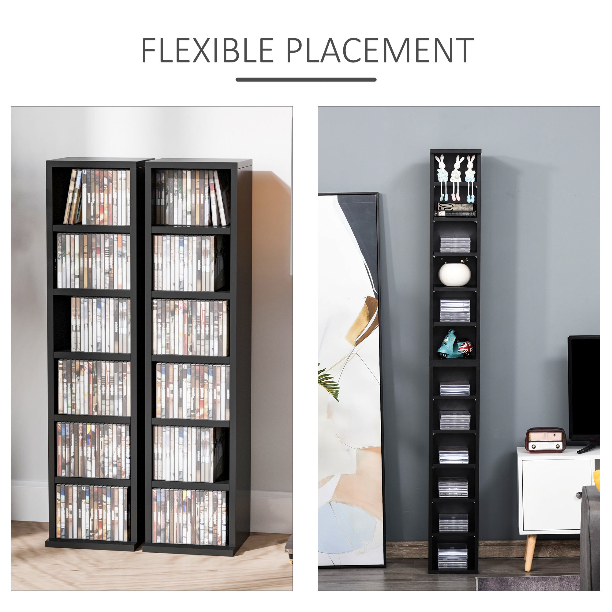 HOMCOM 204 CD Media Display Shelf Unit Set of 2 Blu-Ray Tower Rack w/ Adjustable Shelves Bookcase Storage Organiser, Black 