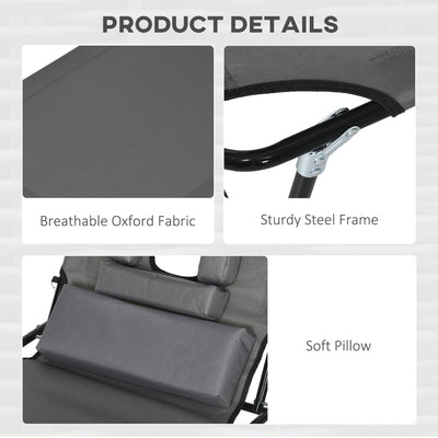 Outsunny Outdoor Foldable Sun Lounger Set of 2, 4 Level Adjustable Backrest Reclining Sun Lounger Chair with Pillow and Reading Hole, Dark Grey 