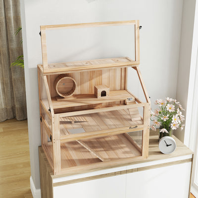 PawHut Wooden Hamster Cage with Detachable 31cm Deep Bottom, Hut, Seesaw, Exercise Wheel, Ramp, 80 x 50 x 76cm, Natural 