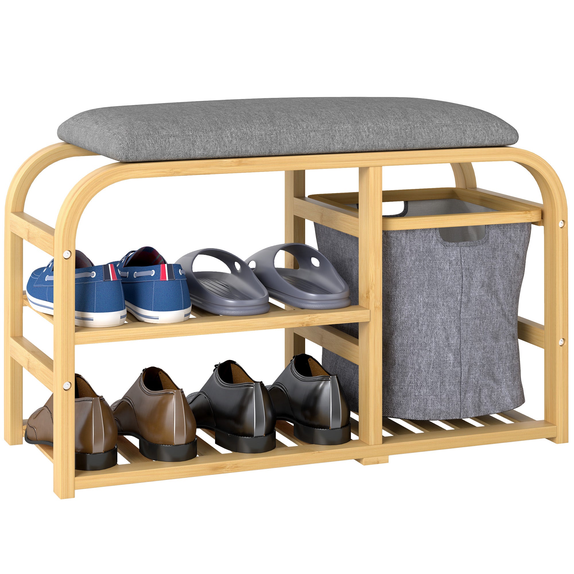 HOMCOM Bamboo Shoe Rack Bench with Padded Seat - Nature Wood Finish 