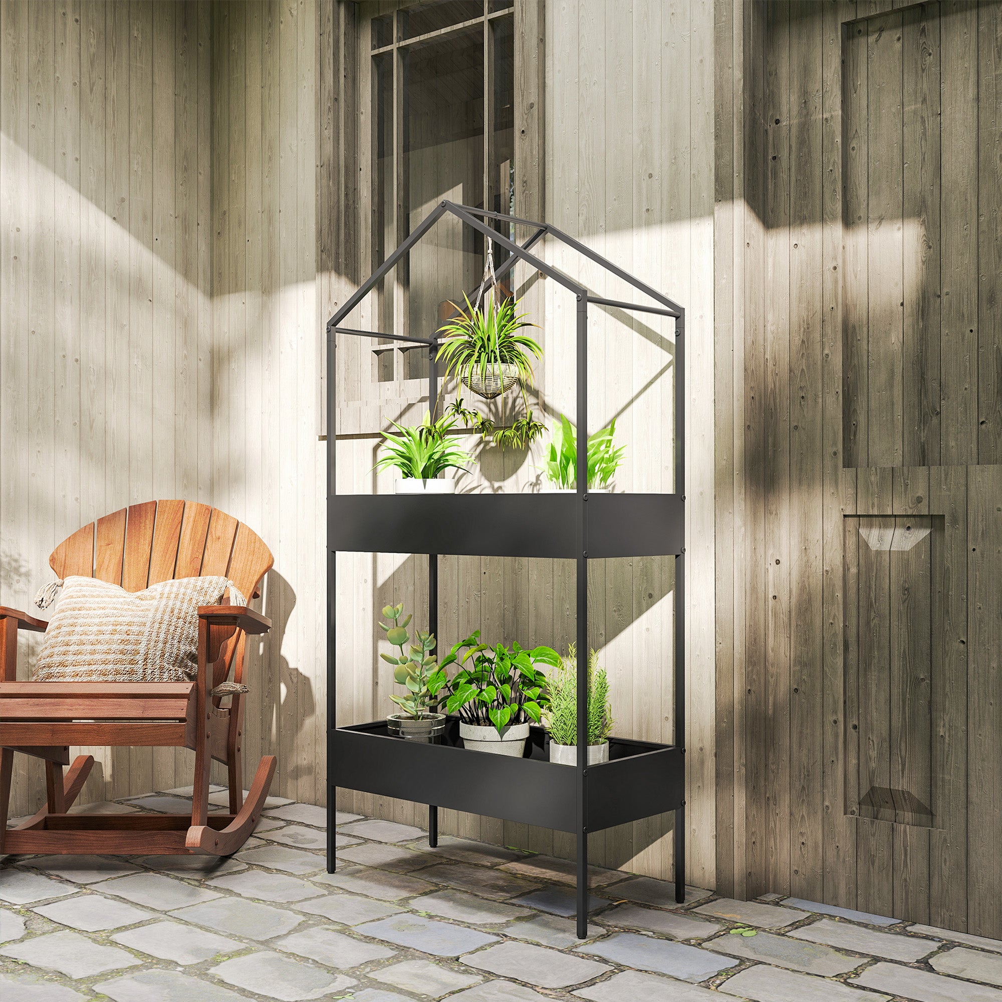 Outsunny 2 Tier Plant Stand, Outdoor Indoor Metal Plant Stand with Hook, House-Shaped Pots Holder Display Rack, Black 