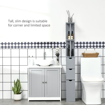 HOMCOM Tall Bathroom Cabinet, Freestanding Bathroom Storage Cabinet with 2-Tier Shelf and Drawers, Narrow Cupboard Storage Unit, Grey 