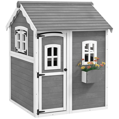 Outsunny Wooden Playhouse for Kids with Doors, Windows, Plant Box, Floors, for Ages 3-8 Years, for Gardens, Lawns, Patios - Grey 