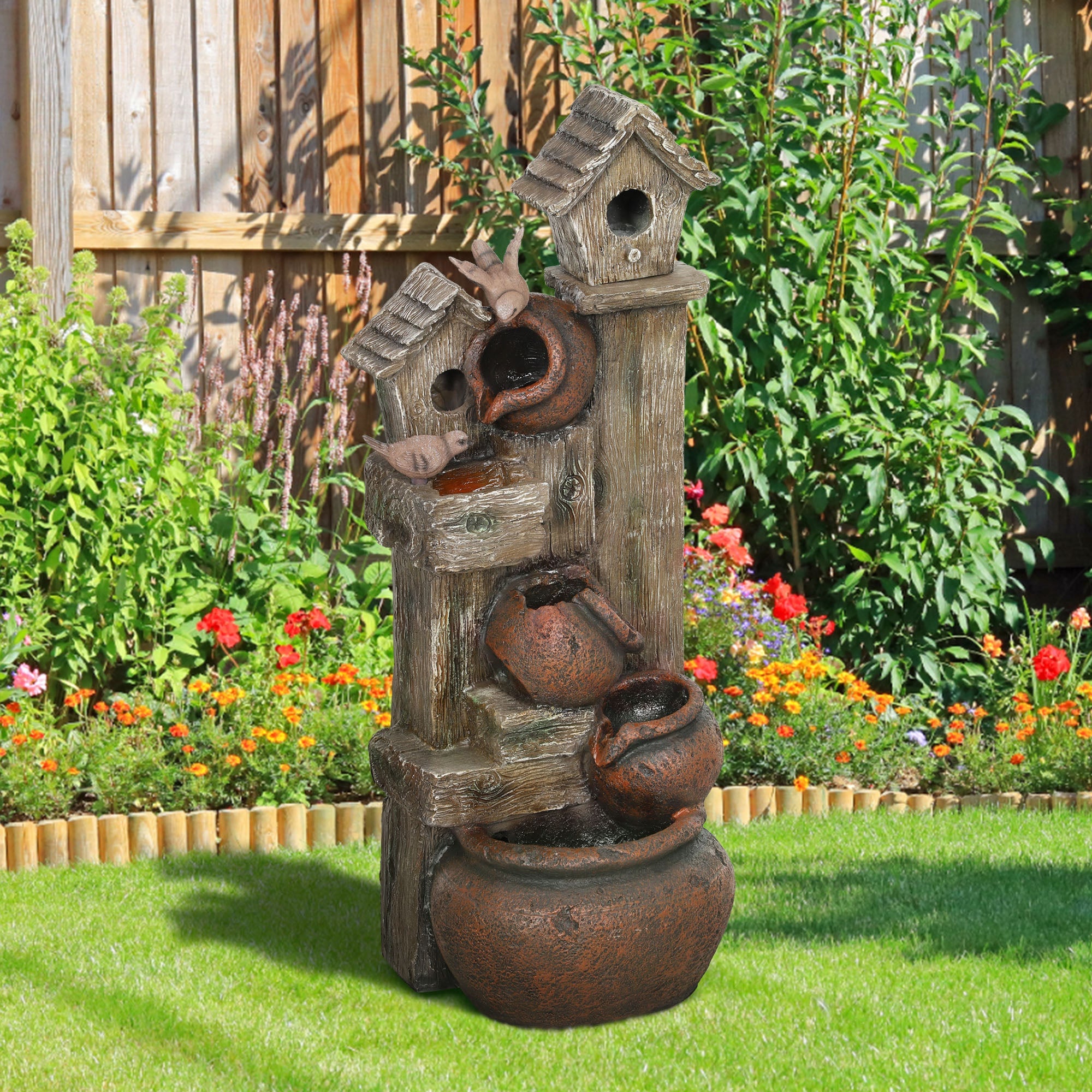 Outsunny 2-in-1 Waterfall Fountain with Birdhouse, Resin Garden Water Fountain with LED Lights Pump, Cascading Garden Water Feature with Tree Trunk Design, Multi-colour 
