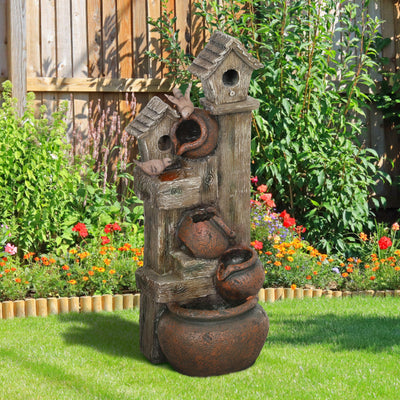 Outsunny 2-in-1 Waterfall Fountain with Birdhouse, Resin Garden Water Fountain with LED Lights Pump, Cascading Garden Water Feature with Tree Trunk Design, Multi-colour 