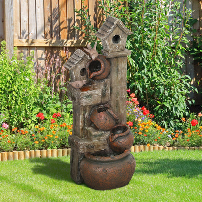 Outsunny 2-in-1 Waterfall Fountain with Birdhouse, Resin Garden Water Fountain with LED Lights Pump, Cascading Garden Water Feature with Tree Trunk Design, Multi-colour 