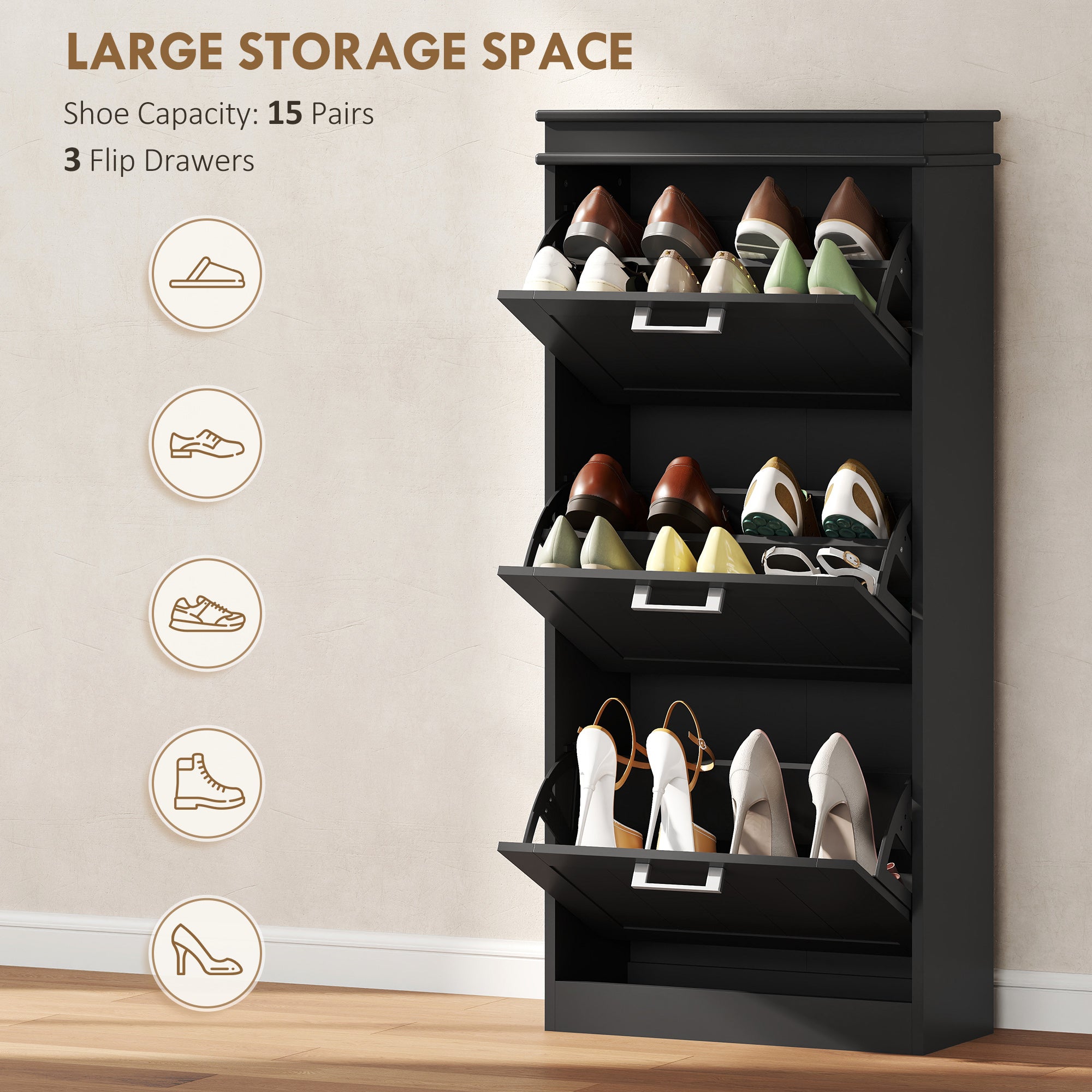 HOMCOM Three-Drawer Minimalistic Shoe Cabinet - Black 