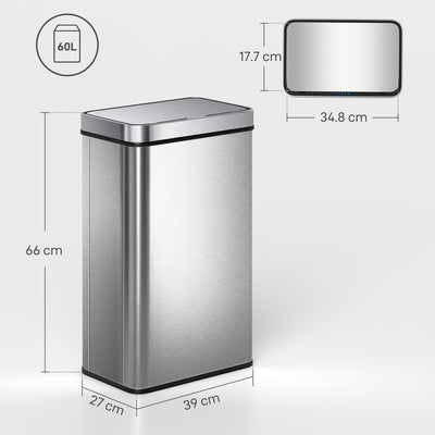 HOMCOM 60 L Sensor Can,  Sensor Bin with Soft-Close Lid, Fingerprint-Proof Stainless Steel, Silver Tone 