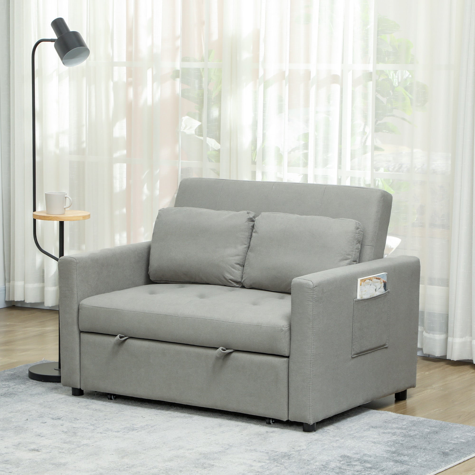 HOMCOM Velvet-Feel Two-Seater Sofa Bed - Light Grey