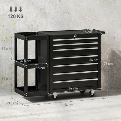 HOMCOM Lockable Steel Tool Chest on Wheels, 7 Drawer Tool Box with Handle for Workshop, Garage, Black