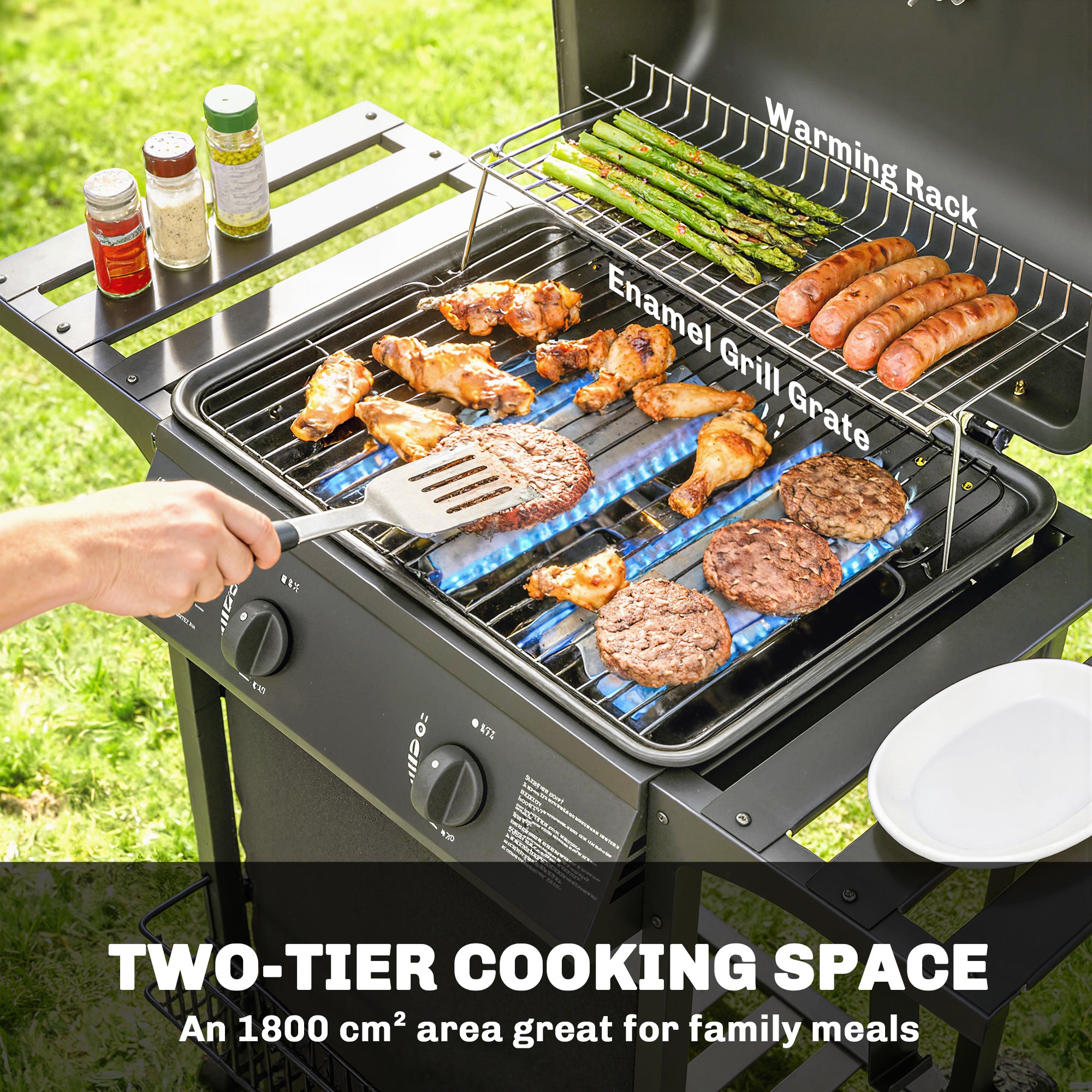 Outsunny Gas Burner Barbecue Grill, 2 Burner Gas Grill with Side Tables, Warming Rack, Shelf, Thermometer, Grease Tray, Black 