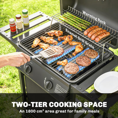 Outsunny Gas Burner Barbecue Grill, 2 Burner Gas Grill with Side Tables, Warming Rack, Shelf, Thermometer, Grease Tray, Black 