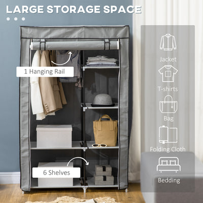 HOMCOM Fabric Wardrobe, Portable Wardrobe with 6 Shelves, 1 Hanging Rail, Foldable Closets, 103 x 43 x 162.5 cm, Light Grey 