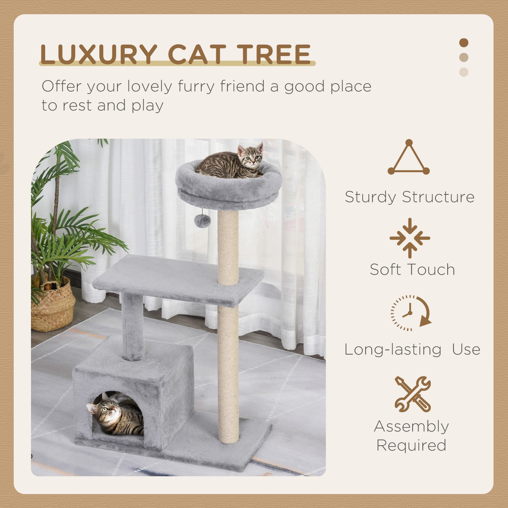 PawHut 96cm Cat Tree for Indoor Cats Condo Sisal Scratching Post Cat Tower Kitten Play House Dangling Ball Activity Center Furniture Grey 