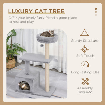 PawHut 96cm Cat Tree for Indoor Cats Condo Sisal Scratching Post Cat Tower Kitten Play House Dangling Ball Activity Center Furniture Grey 
