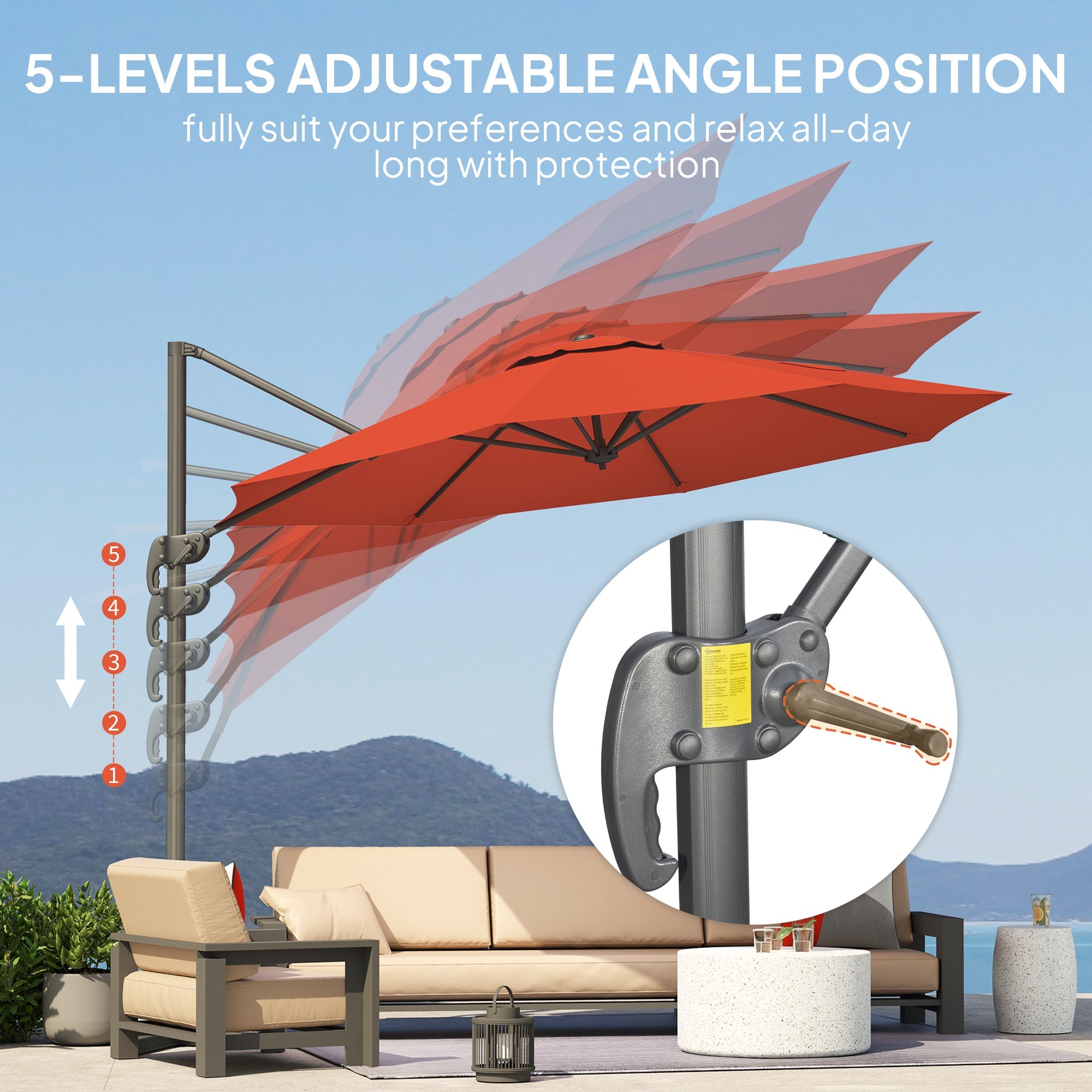 Outsunny Five-Position Overhanging Parasol - Orange 
