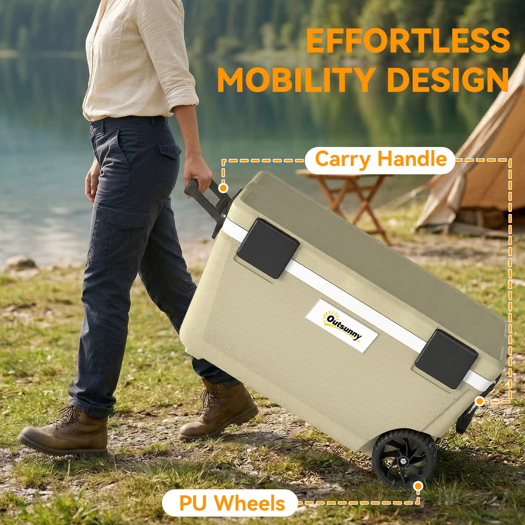 Outsunny 70L Insulated Cool Box with Wheels, Portable Ice Cooler with Handle, Lid and Drain Valve, Khaki 