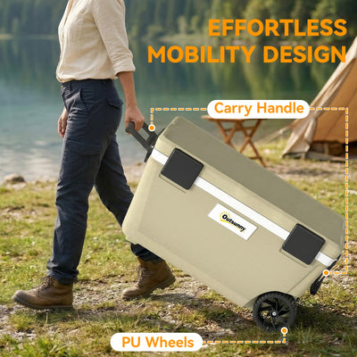 Outsunny 70L Insulated Cool Box with Wheels, Portable Ice Cooler with Handle, Lid and Drain Valve, Khaki 