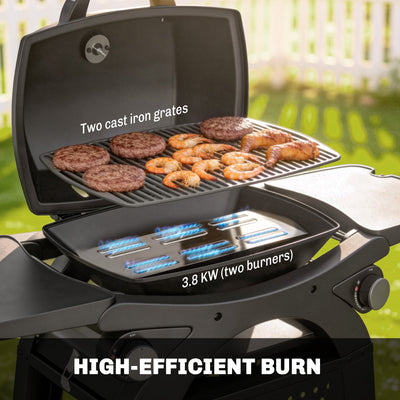 Outsunny 2 Burner Gas Grill with 2 Side Tables, 3.8 KW Barbecue Grill with Cast Iron Grates, 2-in-1 Tabletop BBQ with Wheels 