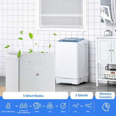 HOMCOM 2000mL Portable Dehumidifier with Air Purifier, 24H Timer, 5 Modes, 10L/Day, for Home Laundry, White 