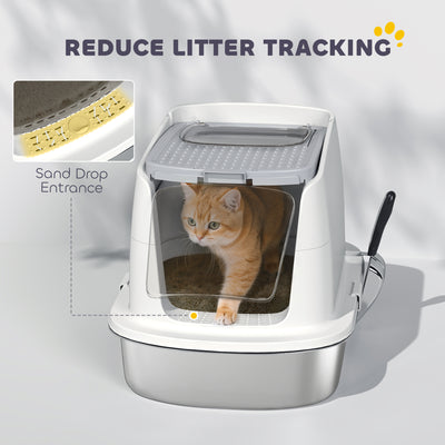 PawHut Large Stainless Steel Litter Box, Enclosed Metal Cat Litter Tray with Scoop, Deodoriser Bag, Front-Entry and Top-Exit 