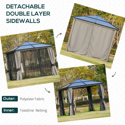 Outsunny 3 x 3(m) Hardtop Gazebo Canopy with Polycarbonate Roof, Aluminium Frame, Permanent Pavilion Garden Gazebo with Netting and Curtains for Patio, Deck, Dark Grey 