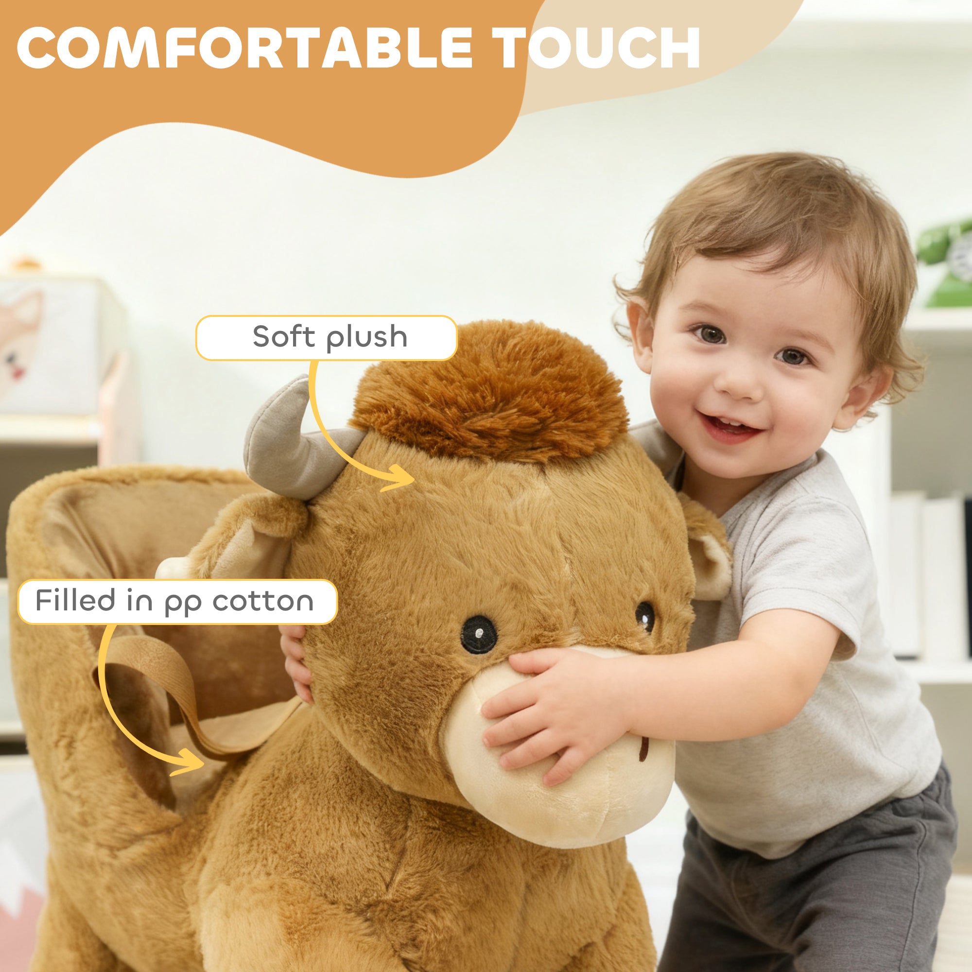 AIYAPLAY Baby Rocking Horse with Safety Belt, Wood Base, Animal Rocker for Children, Brown 