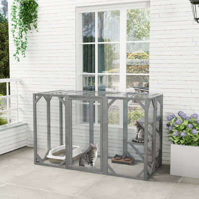 PawHut 71" Outdoor Wooden Cat House with 3 Platforms, Large Door and Weatherproof Roof, for Multiple Cats, Grey 
