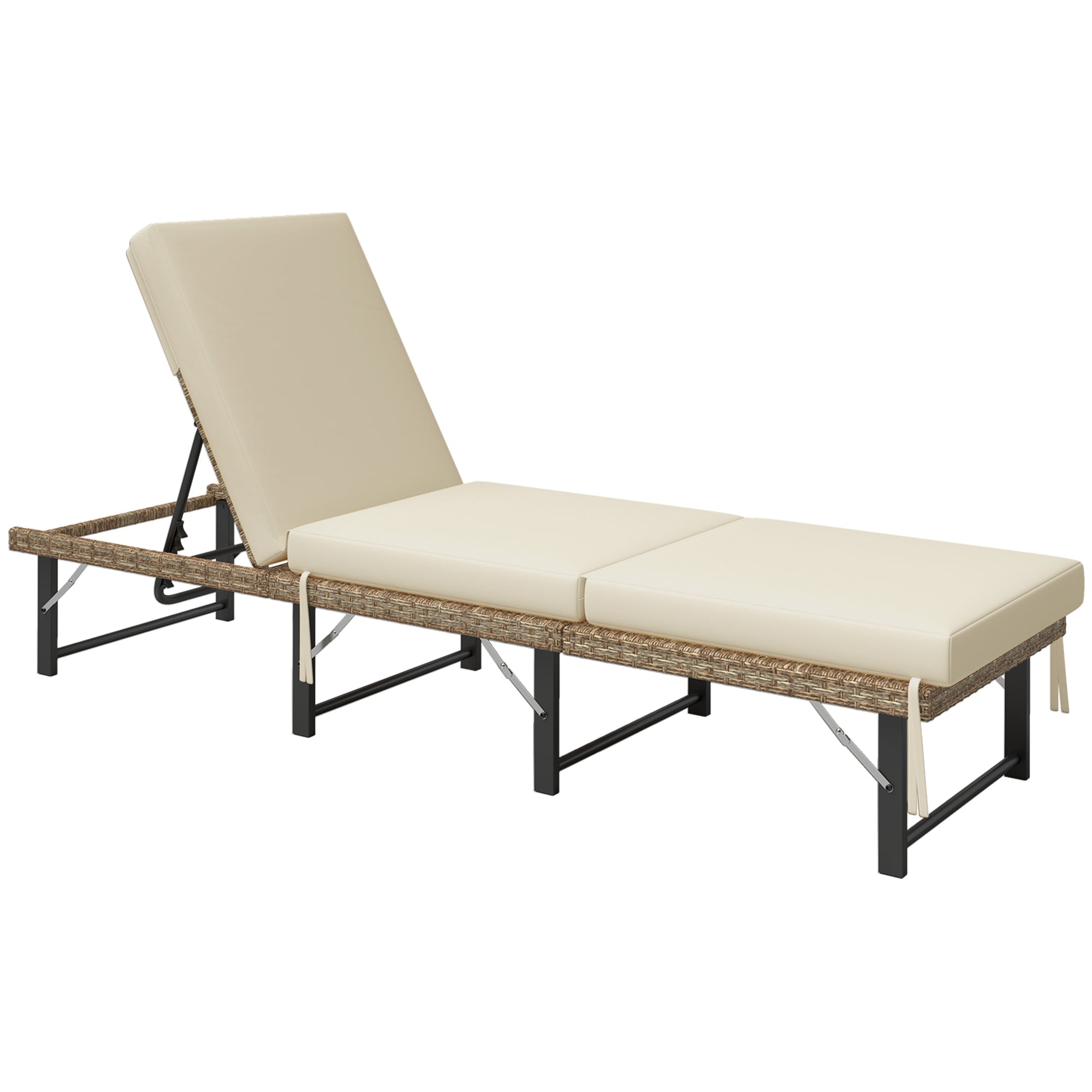 Outsunny Single Folding Rattan Sun Lounger, with Cushion - Grey 