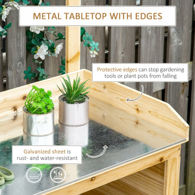 Outsunny Garden Potting Bench Table, Wooden Workstation Bench w/ Galvanized Metal Tabletop, Storage Shelves and Hooks, Natural 