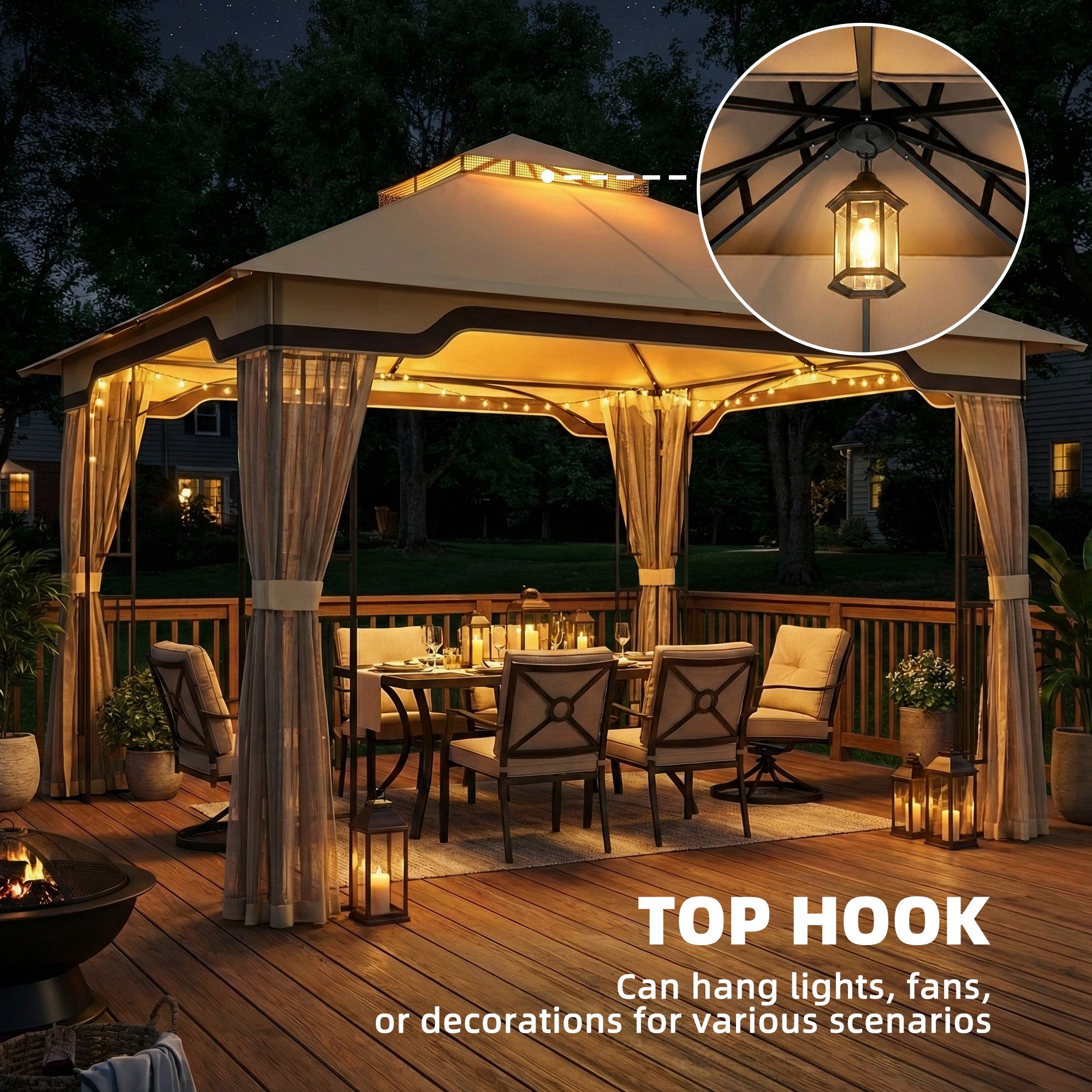 Outsunny 3.3 x 3.3 m Outdoor Garden Gazebo with Post Shelves, UPF50+ Patio Permanent Pavilion with Hook, Khaki 
