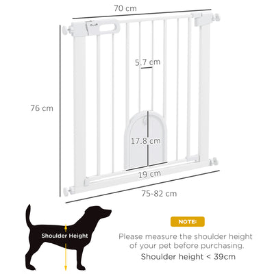 PawHut 75-82cm Pet Safet Gaye, Pressure Fit Stair, with Cat Flap, Double Locking, White 
