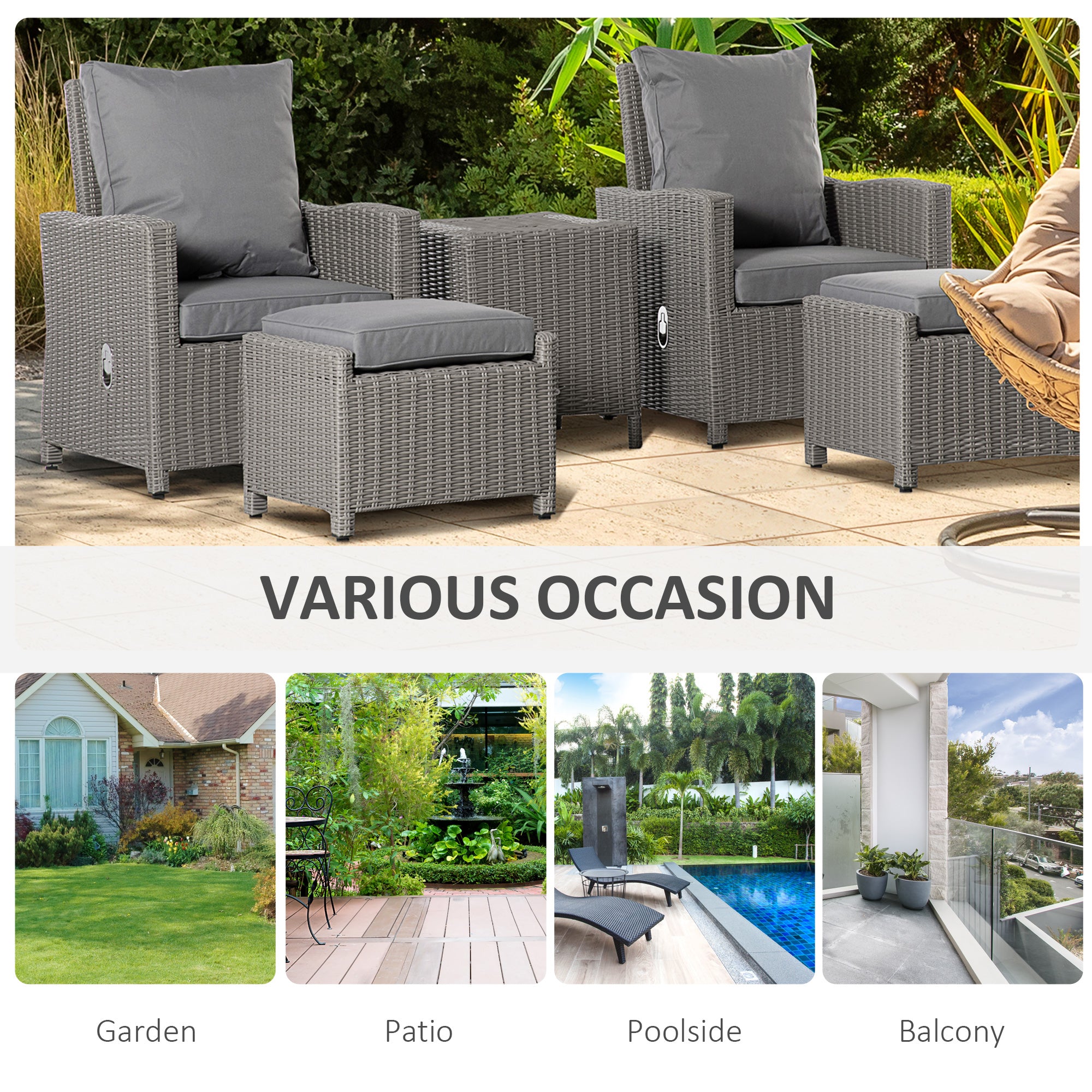 Outsunny 5 Pieces Outdoor PE Rattan Garden Furniture with Cushions, Patio Lounge Adjustable Backrest Chairs, Footstools and Cooler Bar Coffee Table & Cover, Grey 