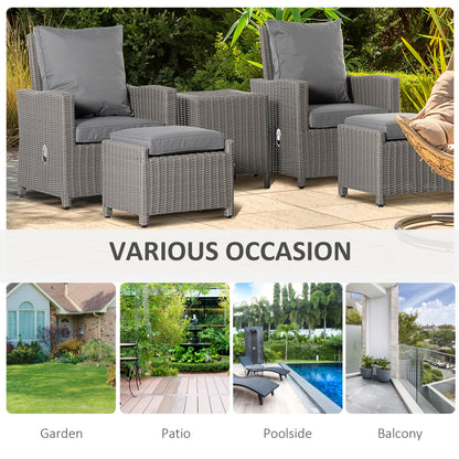 Outsunny 5 Pieces Outdoor PE Rattan Garden Furniture with Cushions, Patio Lounge Adjustable Backrest Chairs, Footstools and Cooler Bar Coffee Table & Cover, Grey 