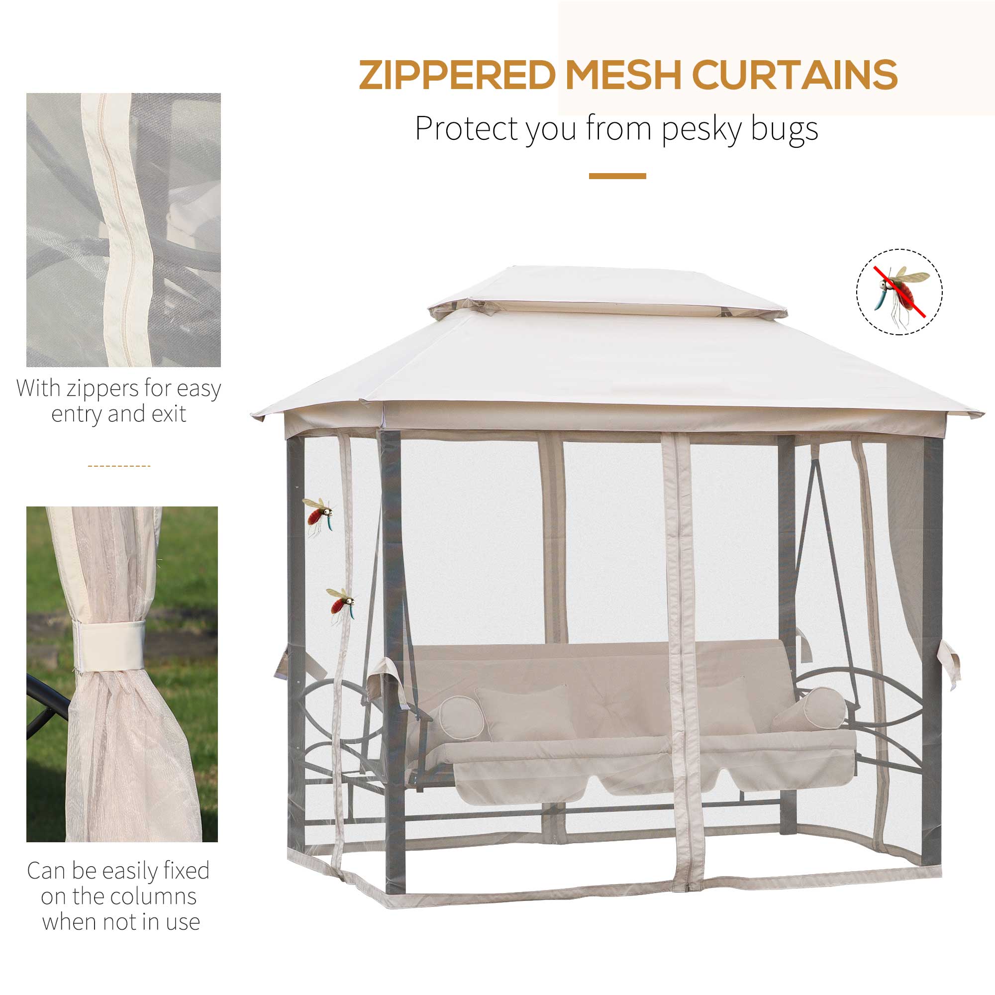 Outsunny 2-in-1 Convertible Gazebo Swing Chair Bed W/Netting, 245Lx165Wx243H cm-Beige/Black 