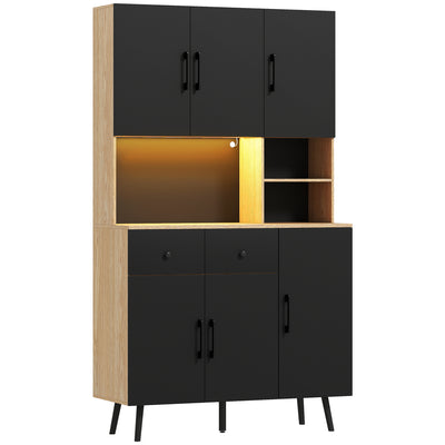 HOMCOM 176 cm Kitchen Cupboard with LED Lights - Oak and Black 